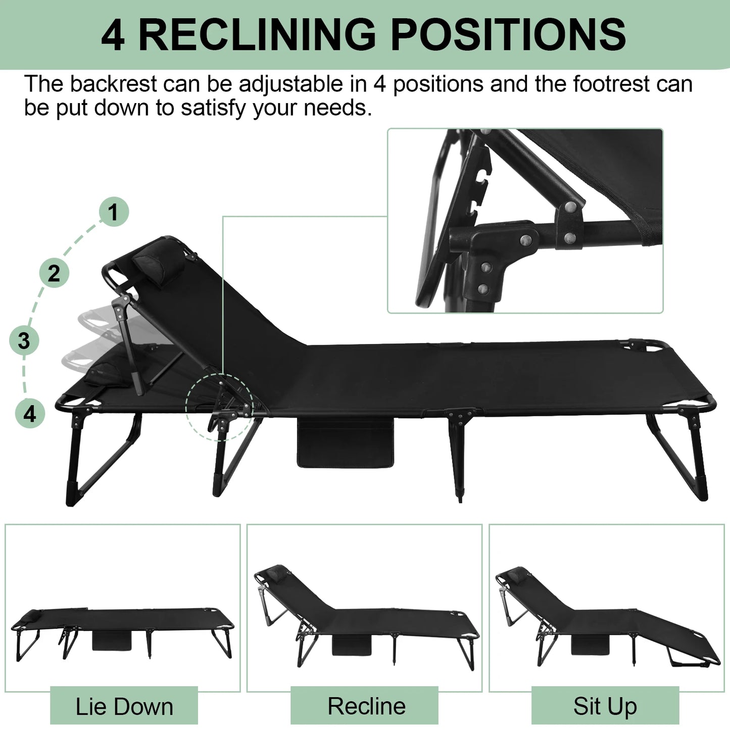 Portable Folding Camping Cot - 3-Position Adjustable Reclining Lounge Chair with Pillow, Outdoor Sleeping Bed (68cm Wide)