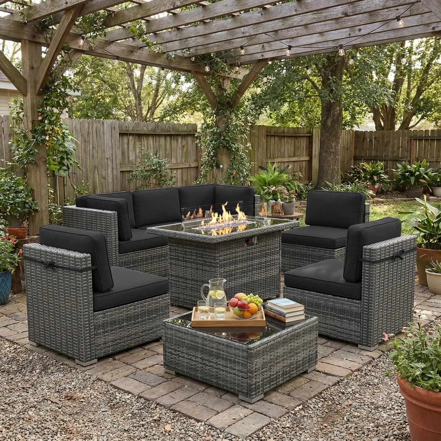 8 Piece Patio Furniture Set with Fire Pit Table, Outdoor Conversation Sets Wicker Rattan Sectional Sofa with Coffee, Custom