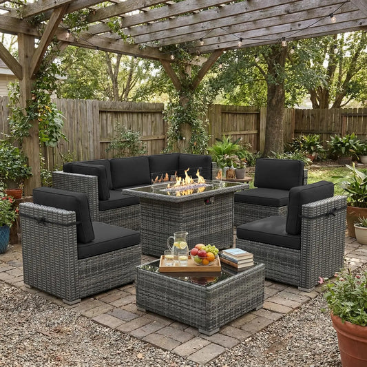 8 Piece Patio Furniture Set with Fire Pit Table, Outdoor Conversation Sets Wicker Rattan Sectional Sofa with Coffee, Custom