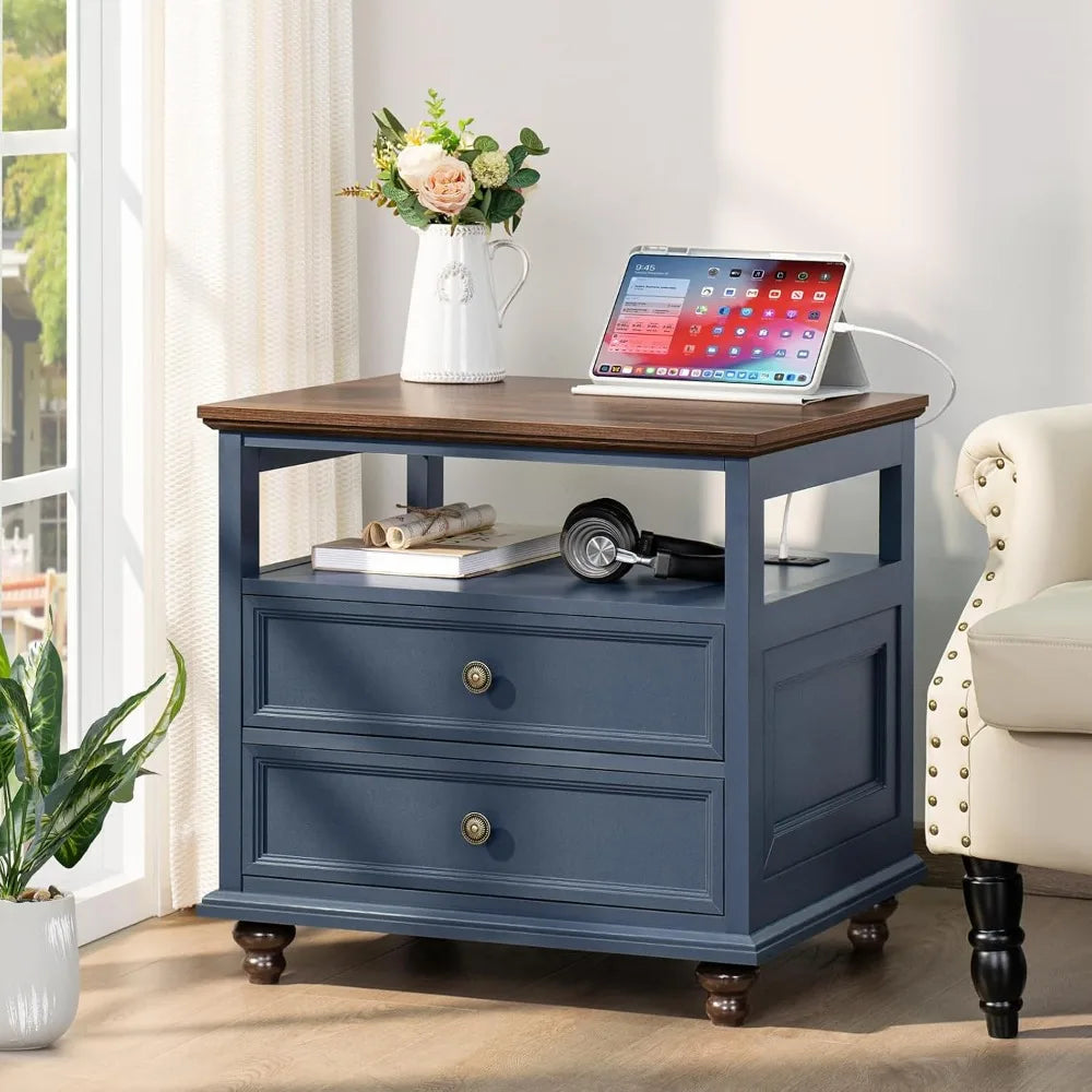 24" Wide Farmhouse Wood Nightstand Charging Station 2 Drawers Bedroom End Table, Custom