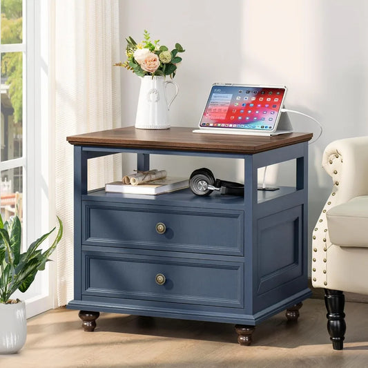 24" Wide Farmhouse Wood Nightstand Charging Station 2 Drawers Bedroom End Table, Custom