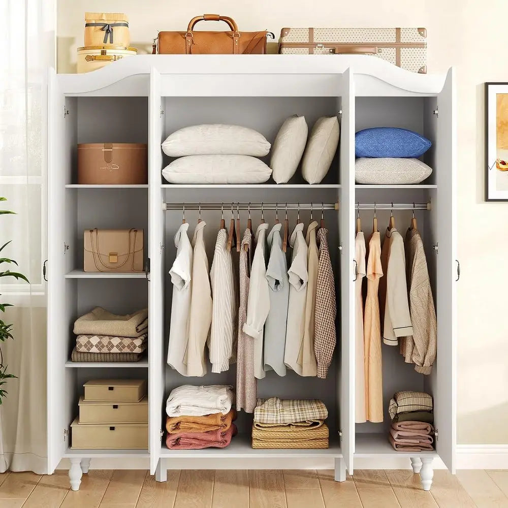 71 High Wooden Armoire Wardrobe with 4 Doors, 2 Hanging Rods, and 8 Shelves for Bedroom or Cloakroom, White