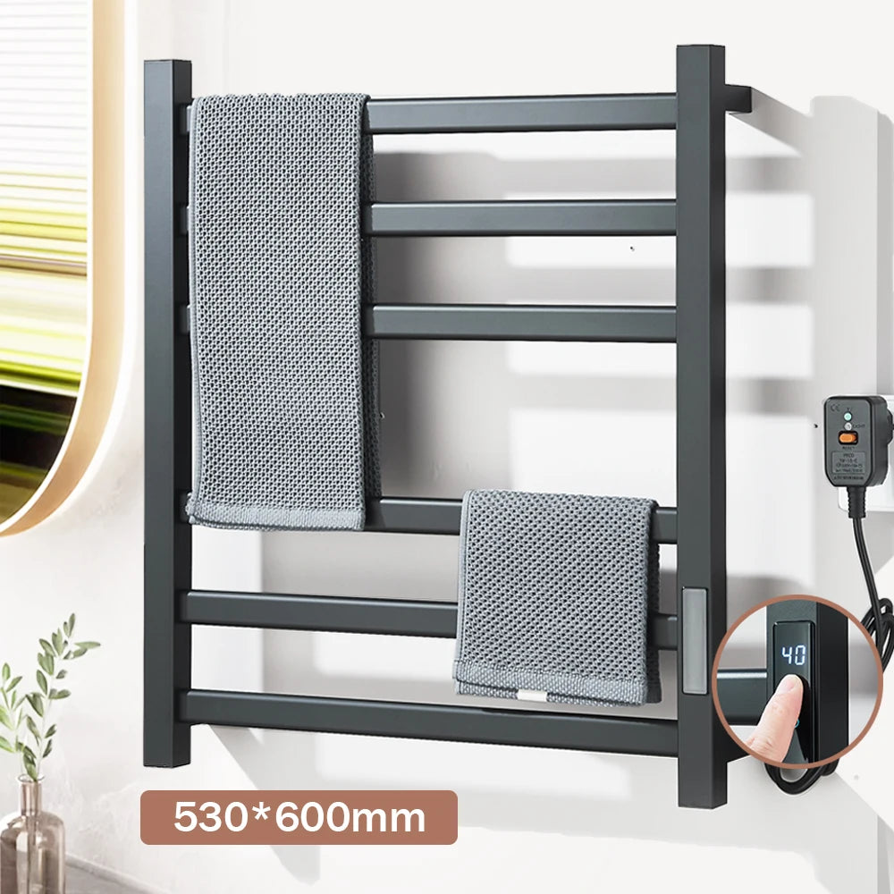 Black Bathroom Electric Heated Towel Rack with Digital Display Touch Thermostatic Dry Towel 304 Stainless Steel Heater