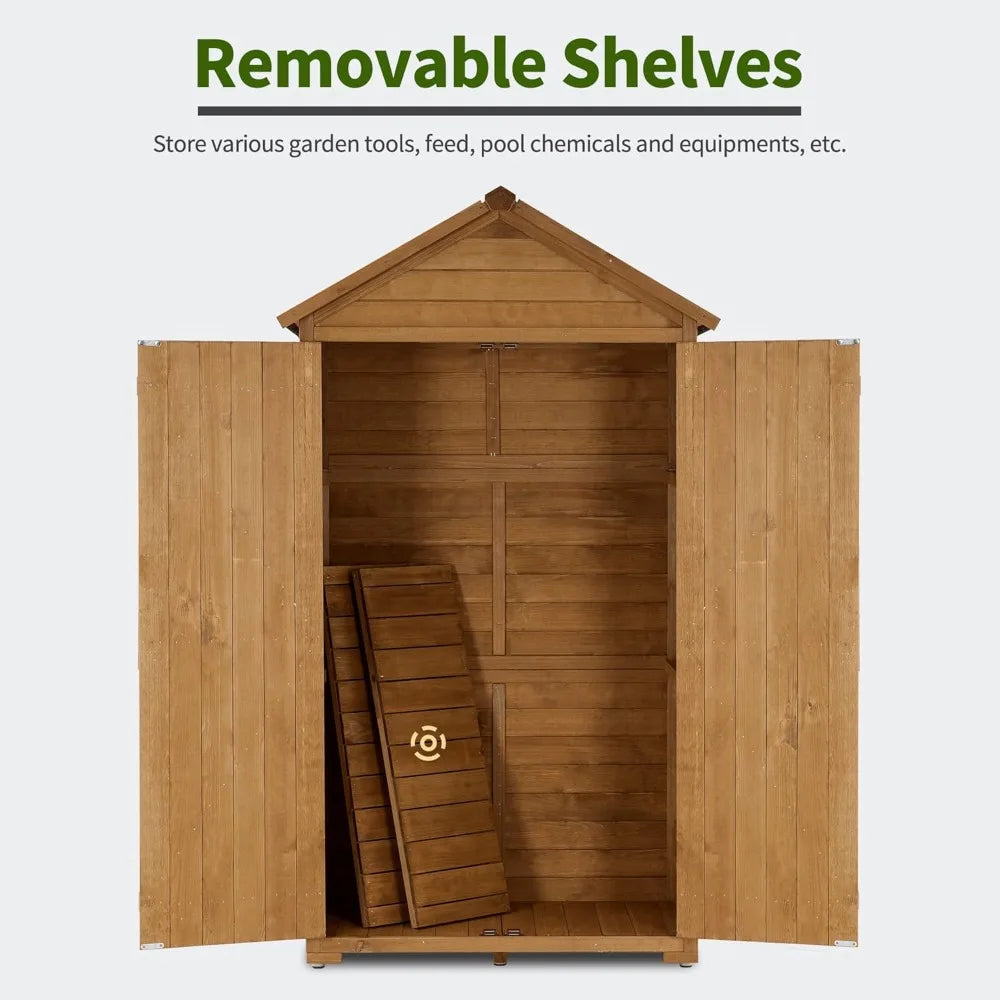 Outdoor Storage Cabinet with 2 Shelves, Outside Storage Shed with Floor, Wooden Garden Tool Shed with Latch for Yard Deck Lawn