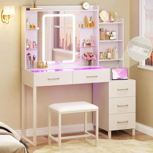3-Color LED Lighted Makeup Vanity Desk with Glass Top, 43.3 Mirror, White Set Including Stool, 5 Drawers, Power Outlet for Bedro