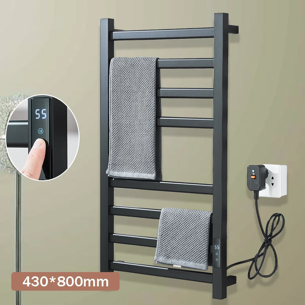 Black Bathroom Electric Heated Towel Rack with Digital Display Touch Thermostatic Dry Towel 304 Stainless Steel Heater