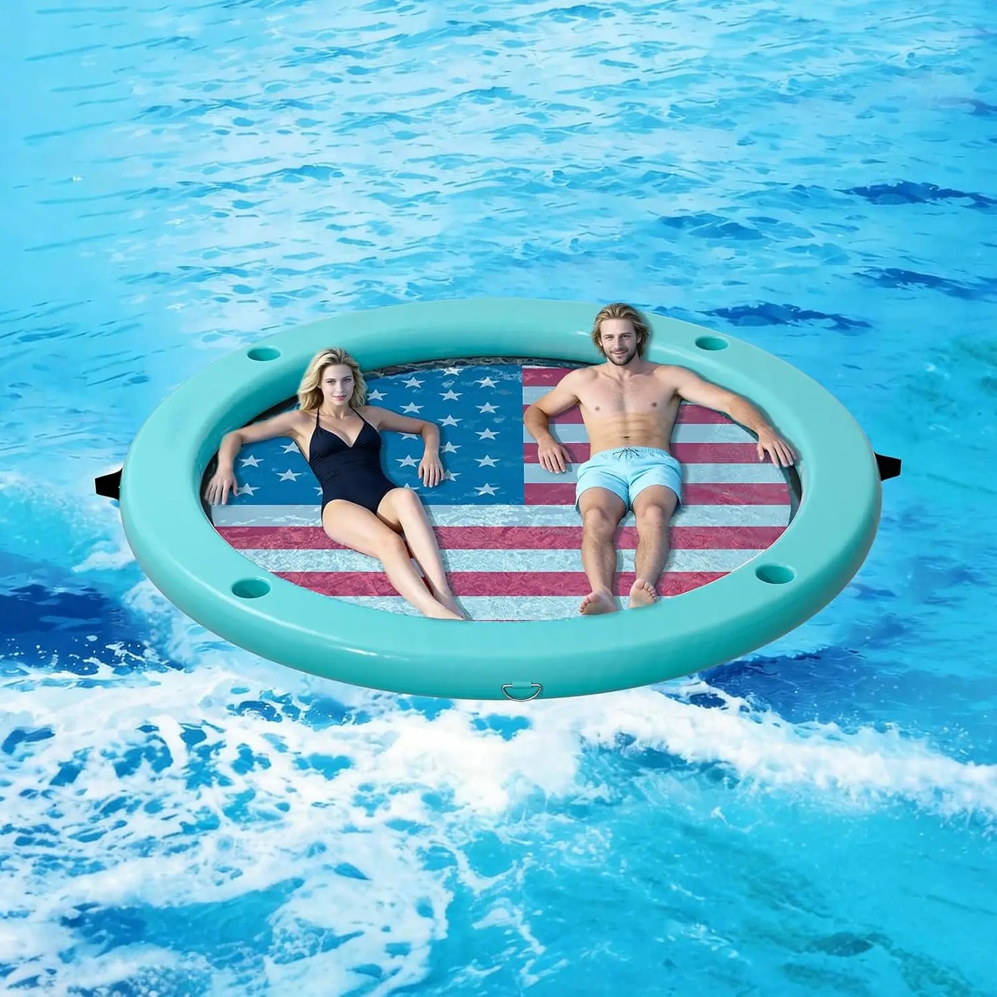 Sunchill Float Ring with 6 Cup Holders, Inflatable Water Hammock Heavy Duty Lake Floats for Adults Party, Round, Custom