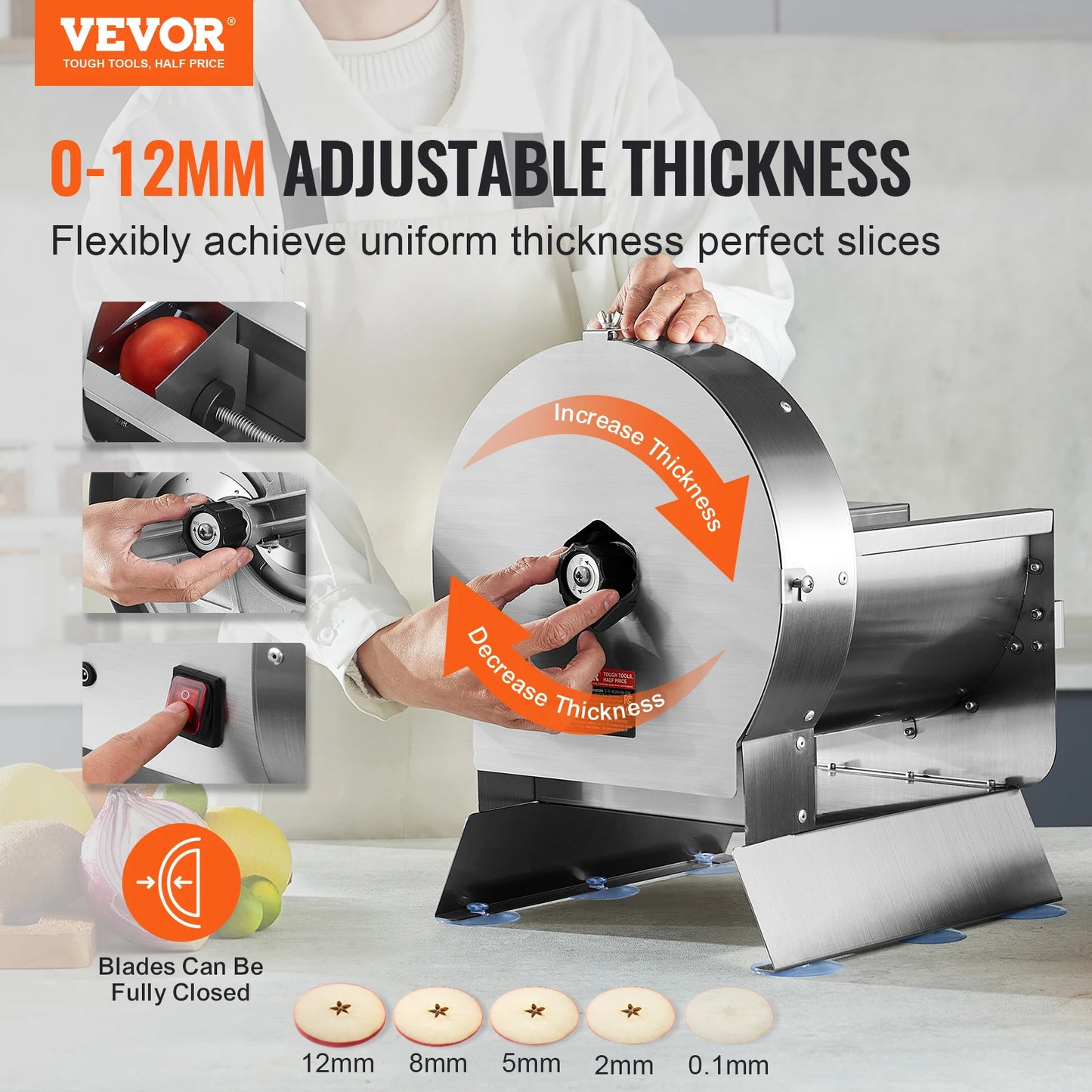 SucceBuy Electric Vegetable Slicer 0-0.5"/0-12mm Thickness Adjustable Commercial Machine Stainless Steel Food Cutter Machine