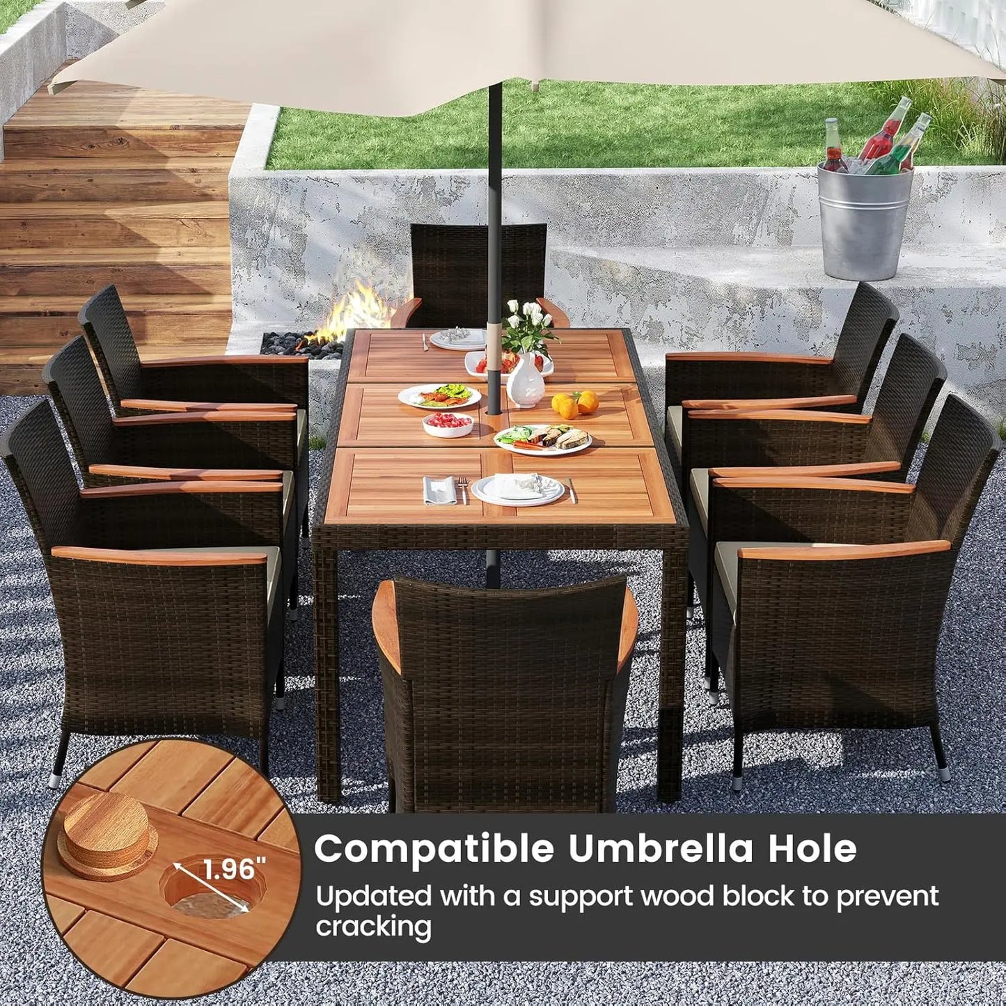 75"x36" Acacia Wood Patio Dining Table Set with PE Rattan Chairs Umbrella Hole Deck Backyard Customized