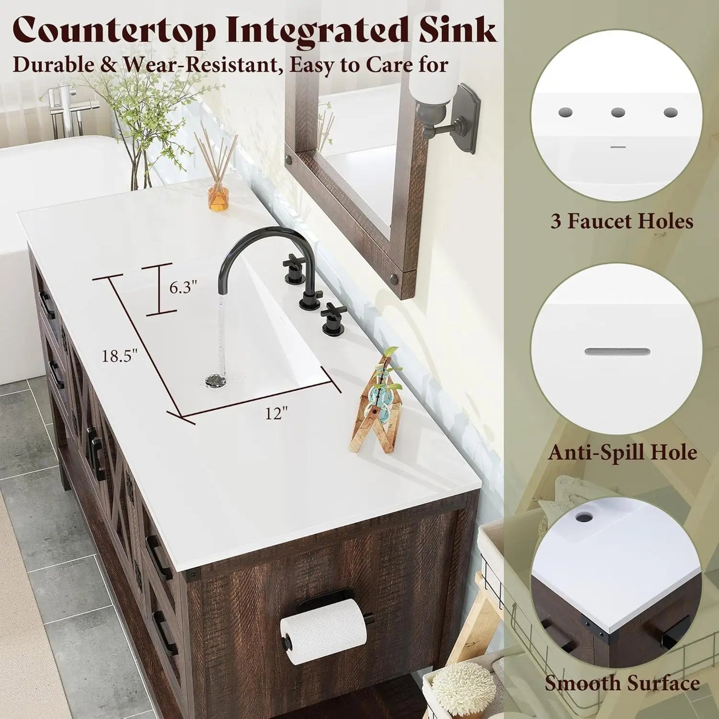 48” Farmhouse Bathroom Vanity with Sink, Freestanding Cabinet with 4 Drawers, Double Barn Doors & Open Shelf, Rustic Storage