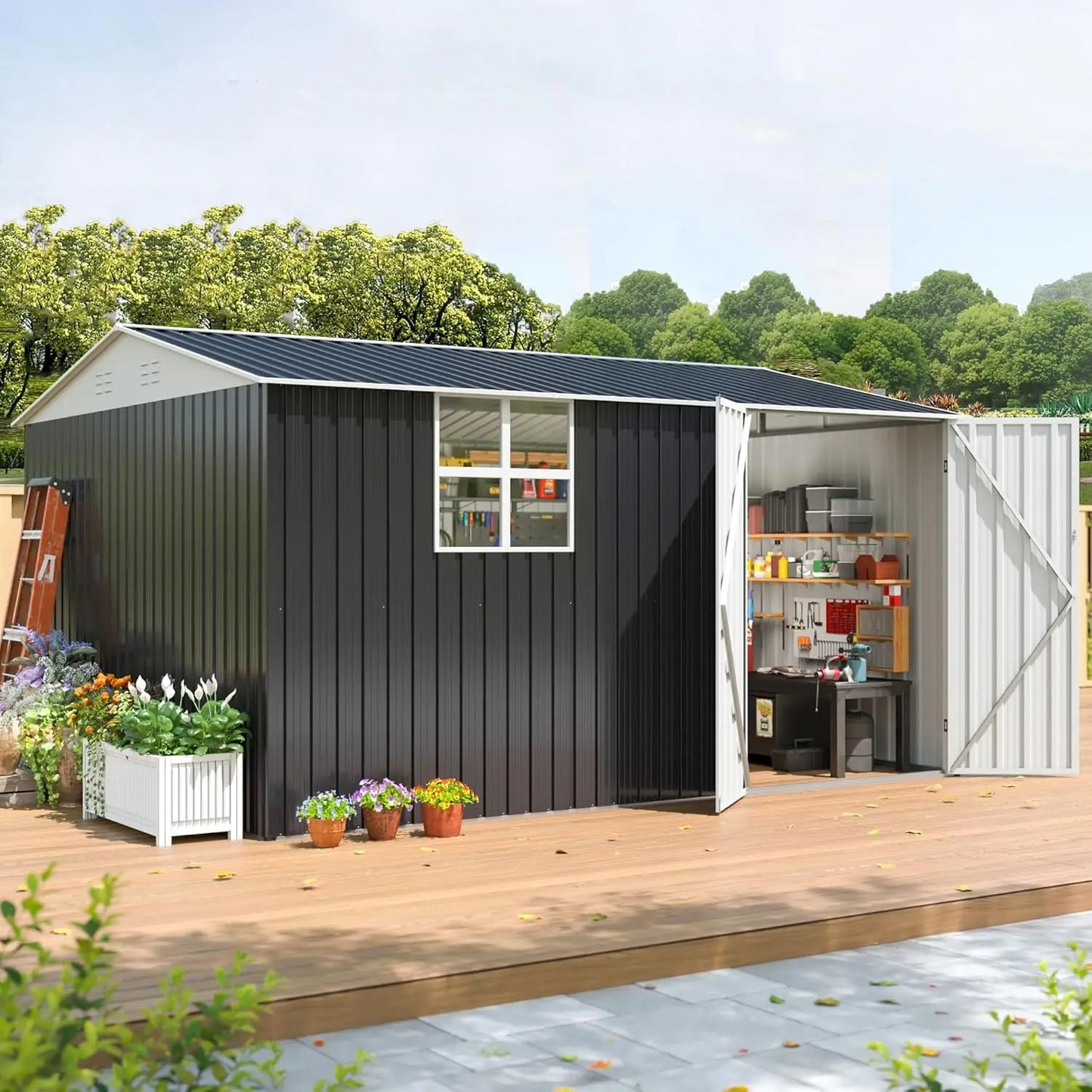 10X12 FT Metal Outdoor Storage Shed with Window, Heavy-Duty Galvanized Steel Garden Shed with Lockable Doors and 4, Customized