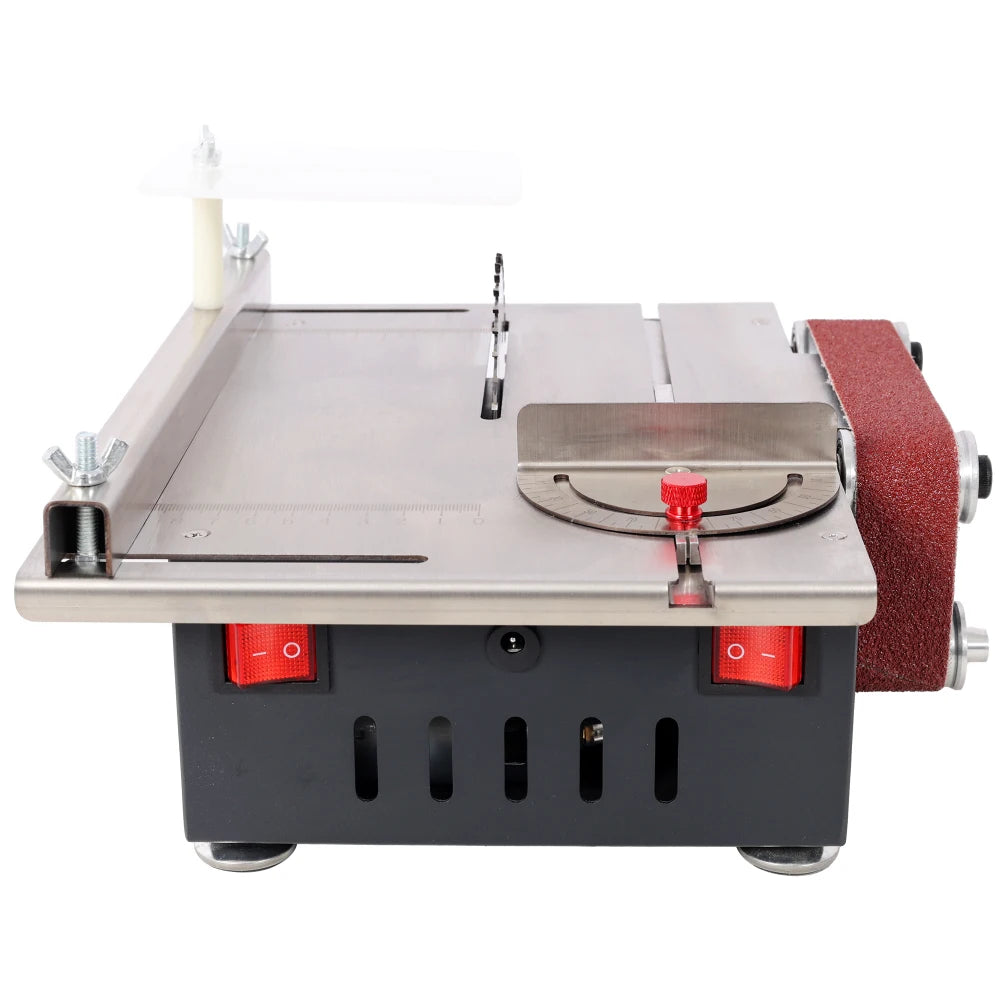 Mini Table Saw,Belt Sander, stainless steel top,4pcs Blades,10pcs Sanding Blet,7 Gear Adjustable 0-90° Angle, Available for Wood