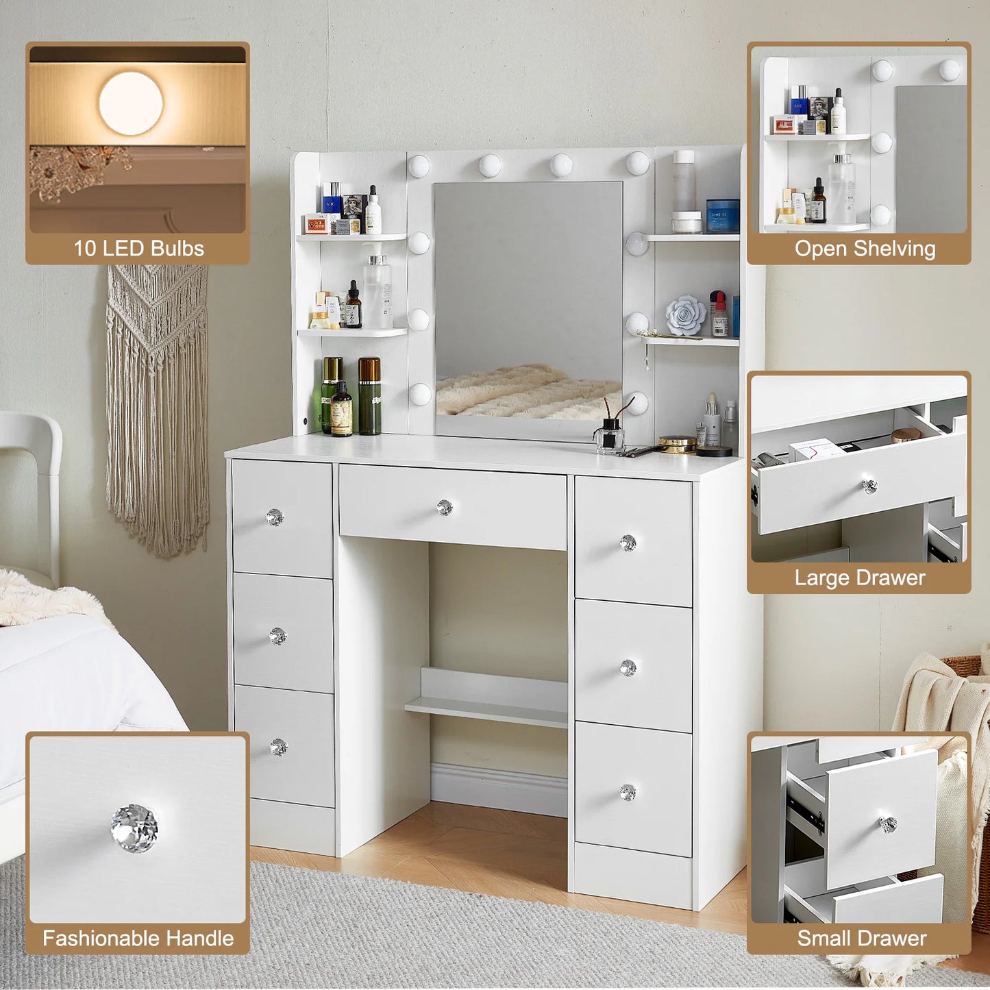 LED Mirror Makeup Table Set, 3-Color Light Dressing Vanity Desk with USB Charging Port & Storage Drawer, Modern Girl Bedroom Furniture Gift