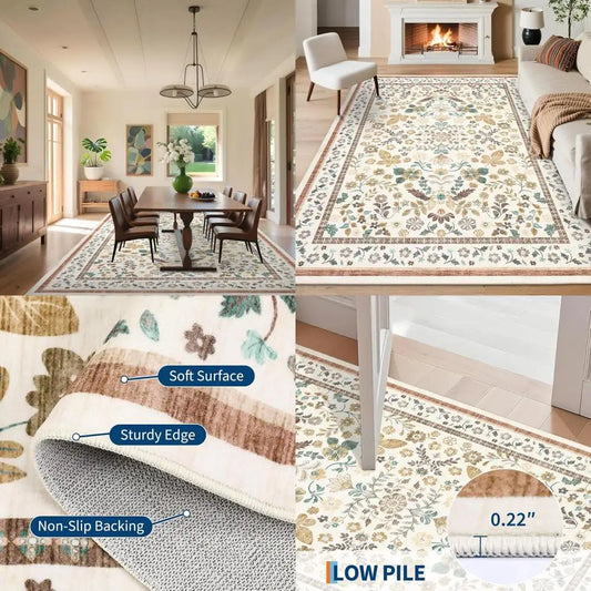 Floral 8x10 Area Rugs - Soft, Machine Washable, Non-Slip, Stain Resistant for Living Spaces