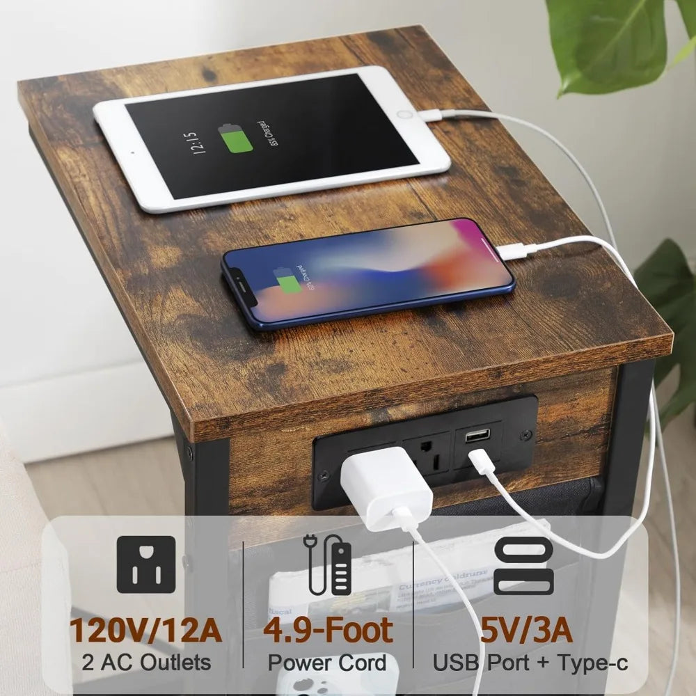 C Shaped End Table With Charging Station, TV Tray Set Of 2, Couch Tables With Storage Bag, Slide Under Sofa Side