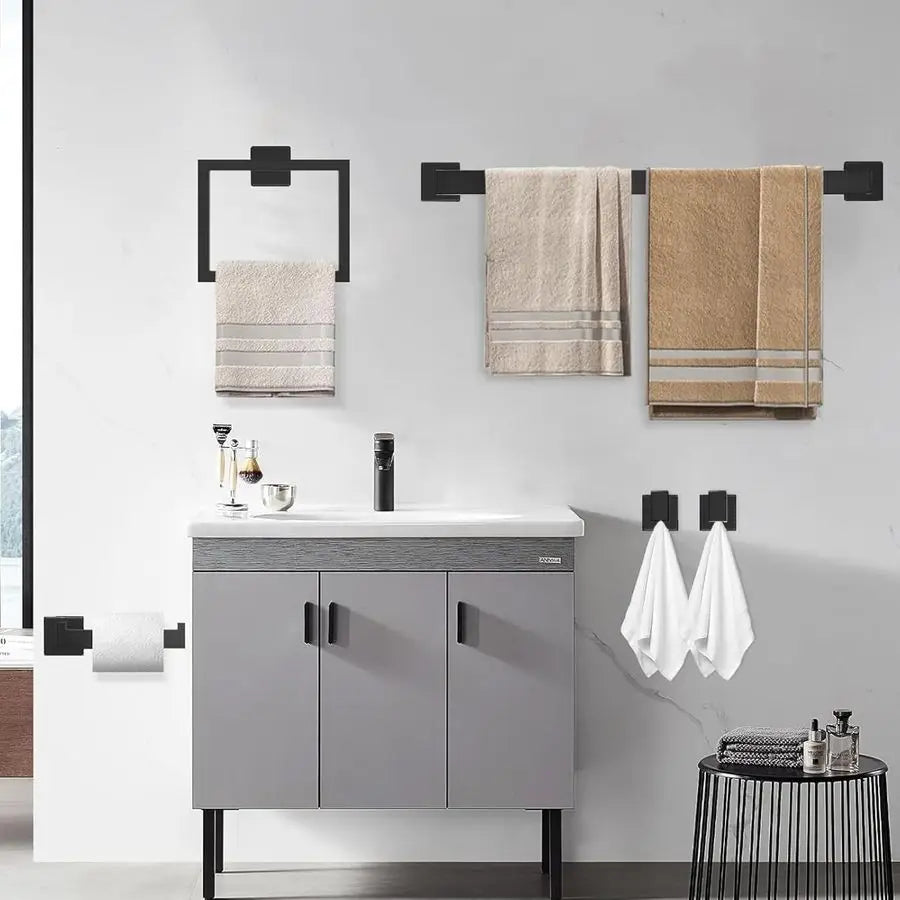 Matte Black Bathroom Hardware Accessories Set Including 23.6 Inch Bath Towel Bar, Towel Rings, Bath Toilet Paper Holders, Robe