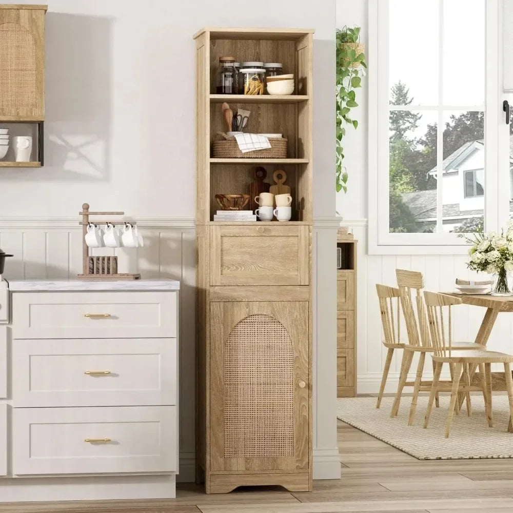 67-inch Tall Natural Rattan Sliding Bathroom Cabinet with Adjustable Shelves