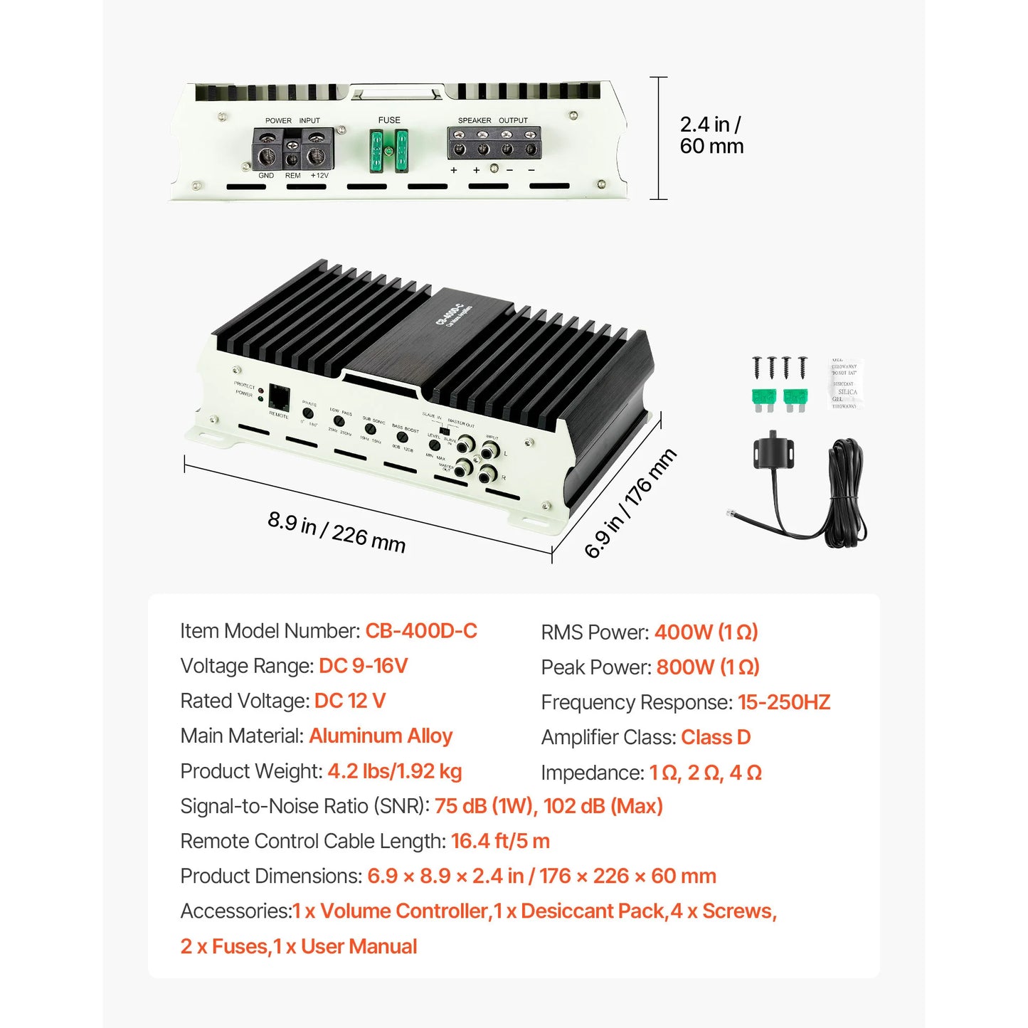 SucceBuy Monoblock Car Amplifier Stable 1Channel Class D Car Audio Amplifier with Remote Subwoofer Level Control Low Pass Filter