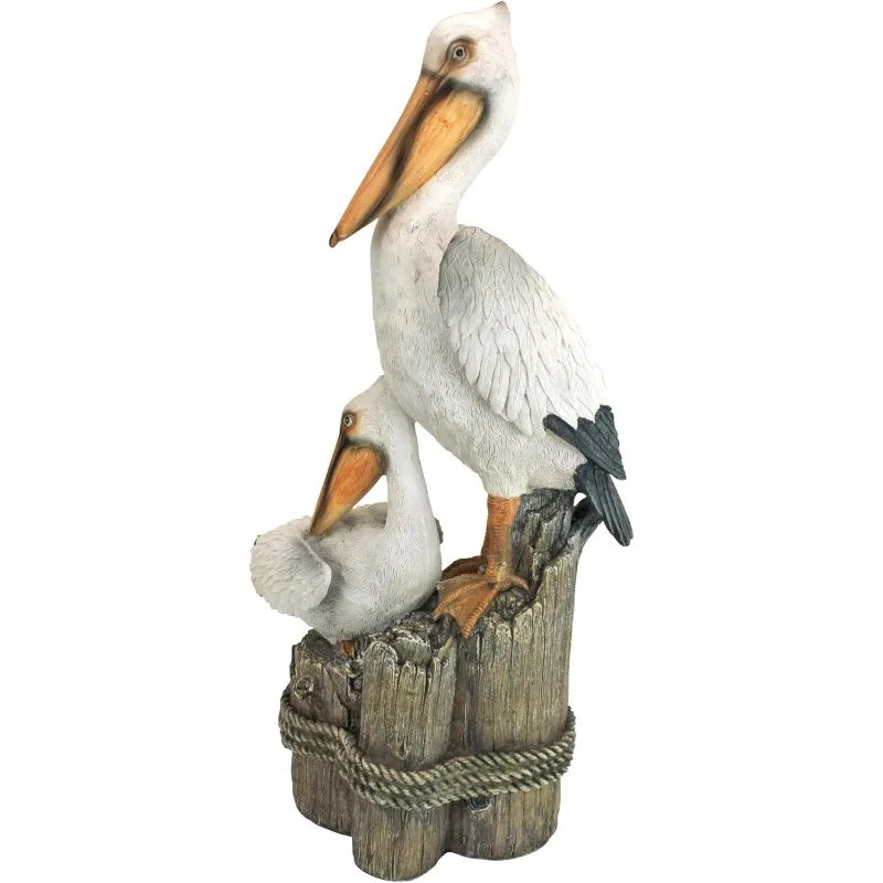 Coastal Decor Ocean's Perch Pelicans Garden Bird Statue, 9 Inch Wide, 24 Inch Tall, Cast Stone Resin, Full Color