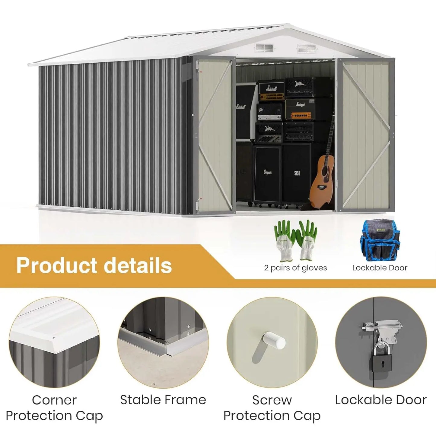 12x8 FT Outdoor Metal Storage Shed Lockable Door Tool Garden Backyard Patio Gray, Custom