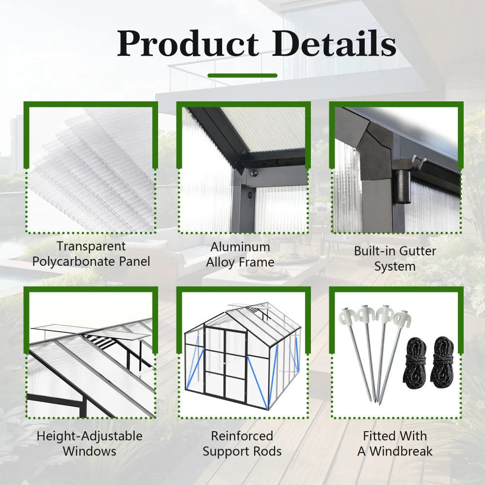 8x10 FT Polycarbonate Greenhouse Walk In Plant Houses With Adjustable Windows Sheds For Outdoor Gardening All Weather Protection