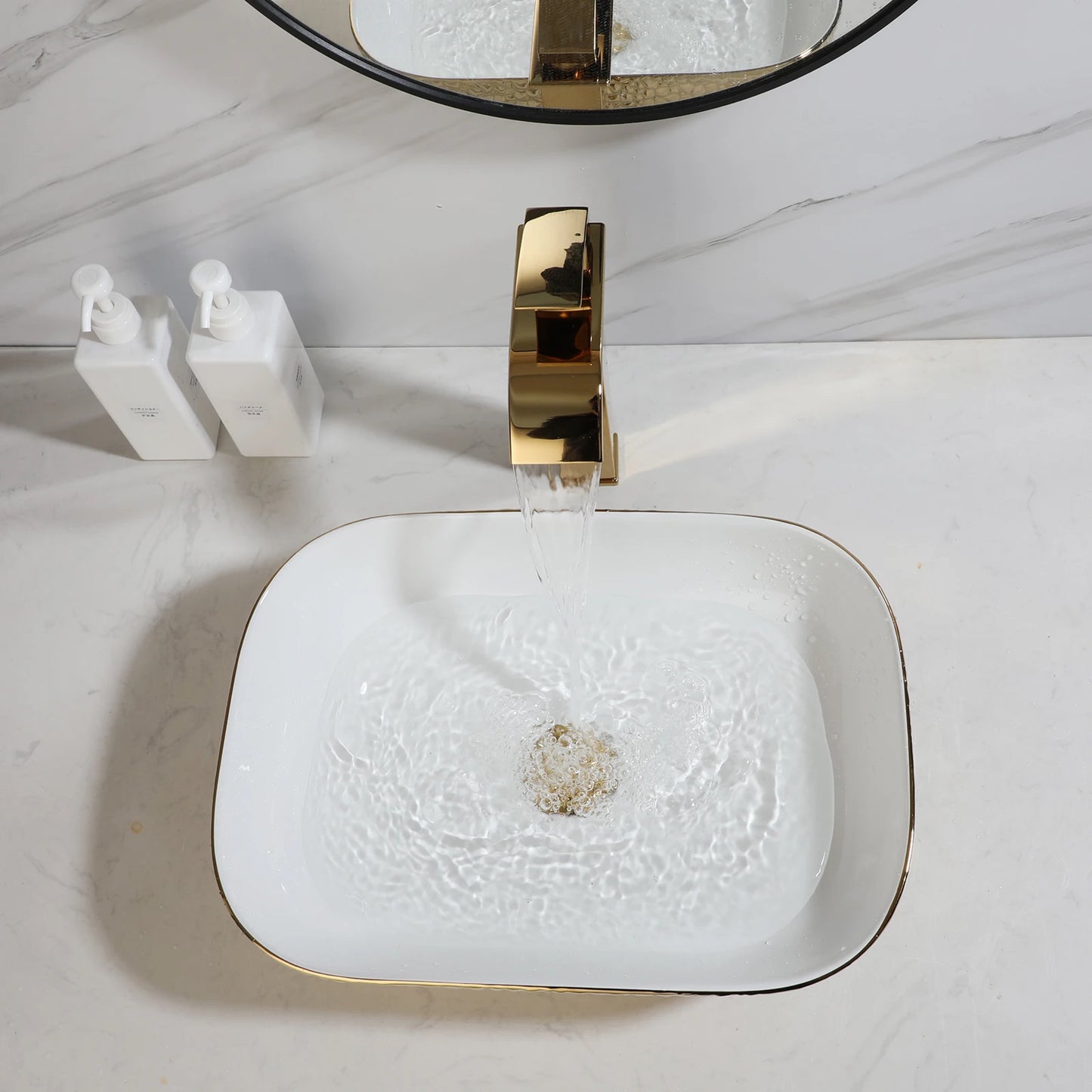 KEMAIDI Gold Hammered Bathroom Vessel Sink Set, Luxury White & Gold Basin with Gold Faucet Combo, Above-Counter Vanity Sink Kit