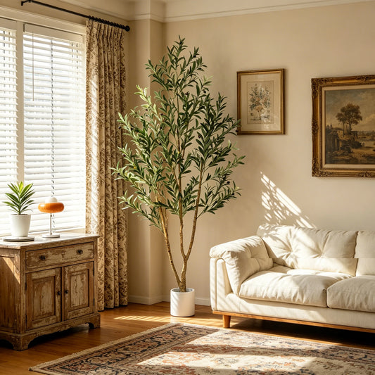 5/6/7ft Olive Trees Artificial Indoor Outdoor Faux Olive Tree with White Tall Planter, Artificial Plants with Natural Wood Trunk and Lifelike Fruits for Home Office Decor