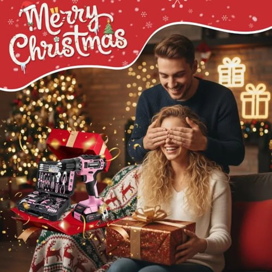 20V Pink Cordless Drill Driver and Home Tool Set with 141PCS Hand Tools for DIY Projects Home Maintenance and Repairs I