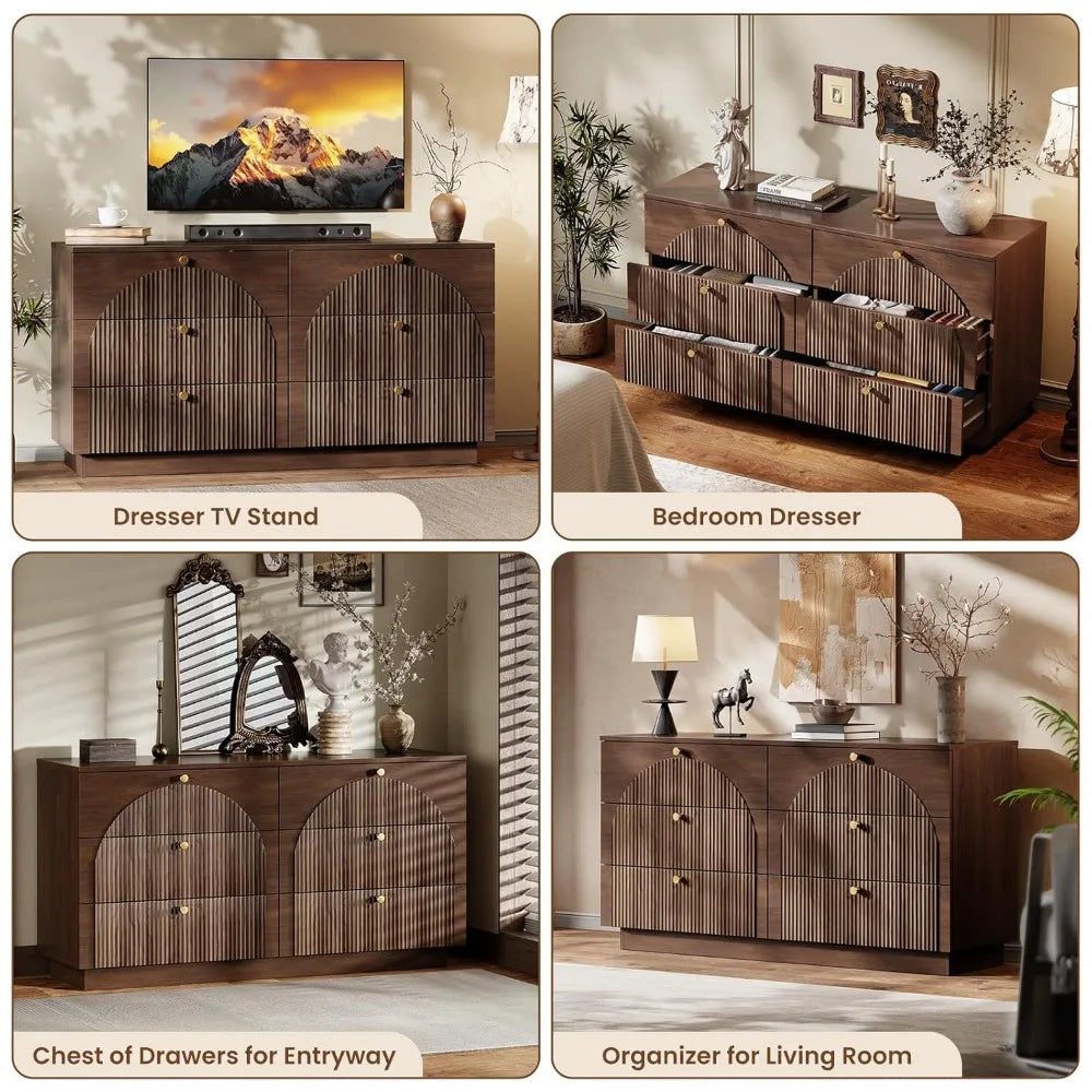 Arched Fluted 6 Drawer Dresser 55in Wood Storage Chest Mid Century Bedroom Living Room Hallway Custom