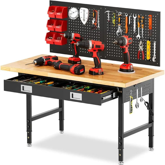 60 Adjustable Height Heavy-Duty Workbench, 2000 lbs Capacity, Rubberwood Construction, Black Steel Frame