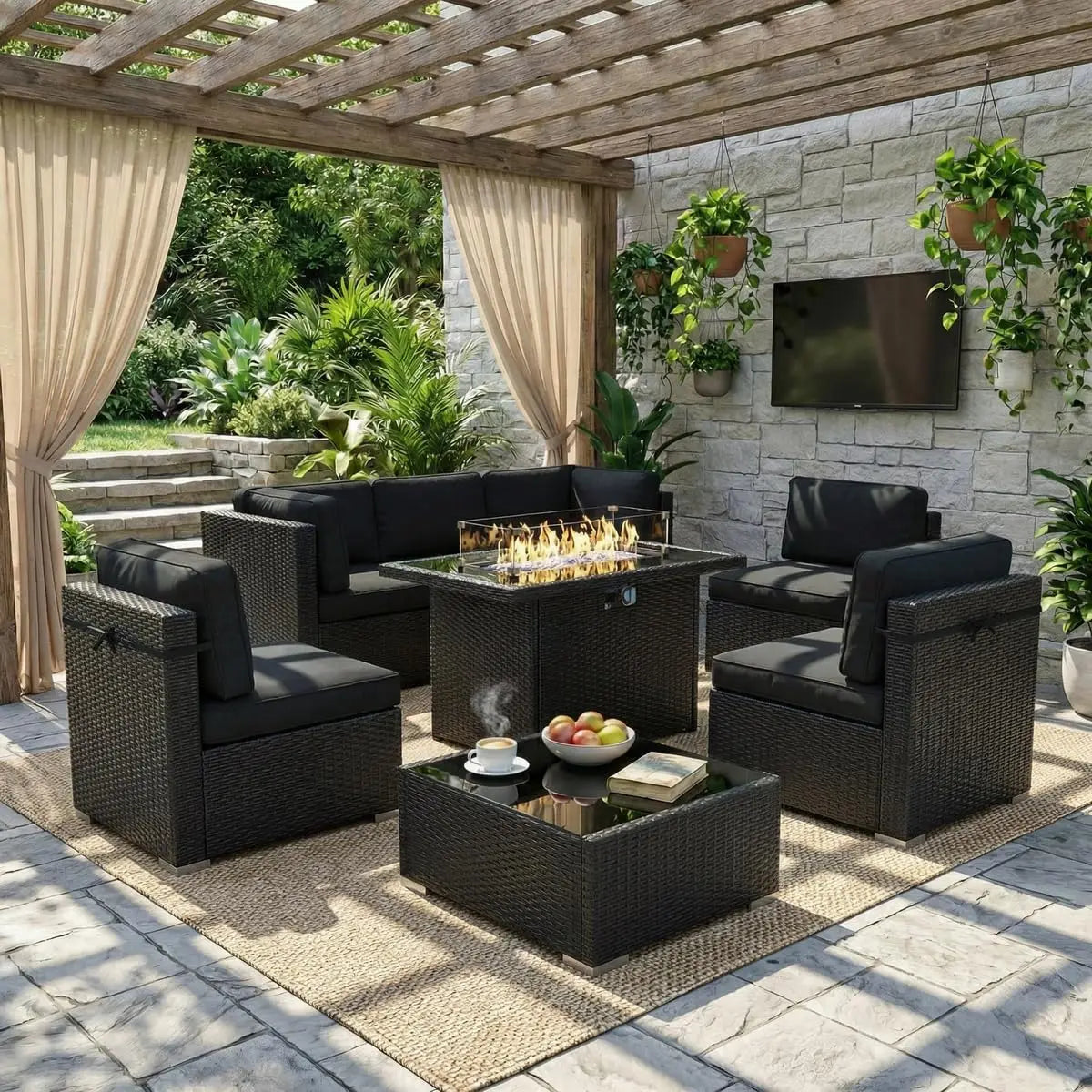 8 Piece Patio Furniture Set with Fire Pit Table, Outdoor Conversation Sets Wicker Rattan Sectional Sofa with Coffee, Custom
