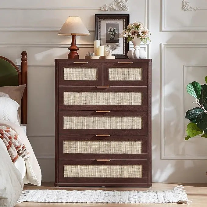 Rattan Dresser for Bedroom, 41" Tall Chest of Drawers, Modern 6 Drawers Boho Dressers with Storage, Light Oak Dresser,Customized