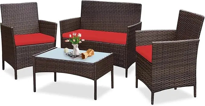 4 Piece Outdoor Wicker Patio Conversation Furniture Set, Rattan Chair Wicker Sofa Garden Conversation Sets with Cushion and Gla