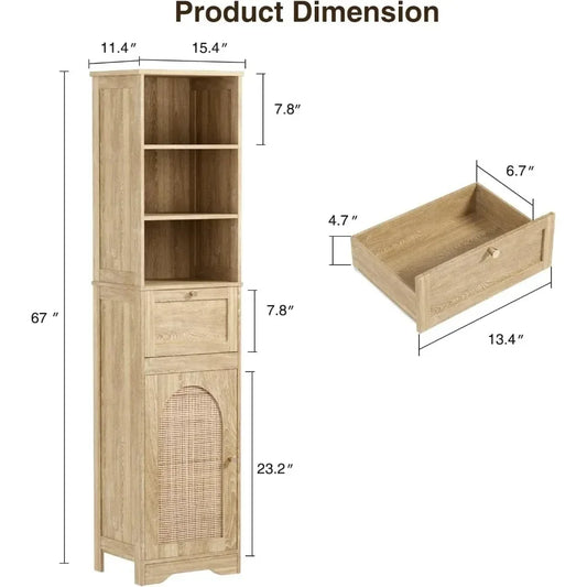 67-inch Tall Natural Rattan Sliding Bathroom Cabinet with Adjustable Shelves