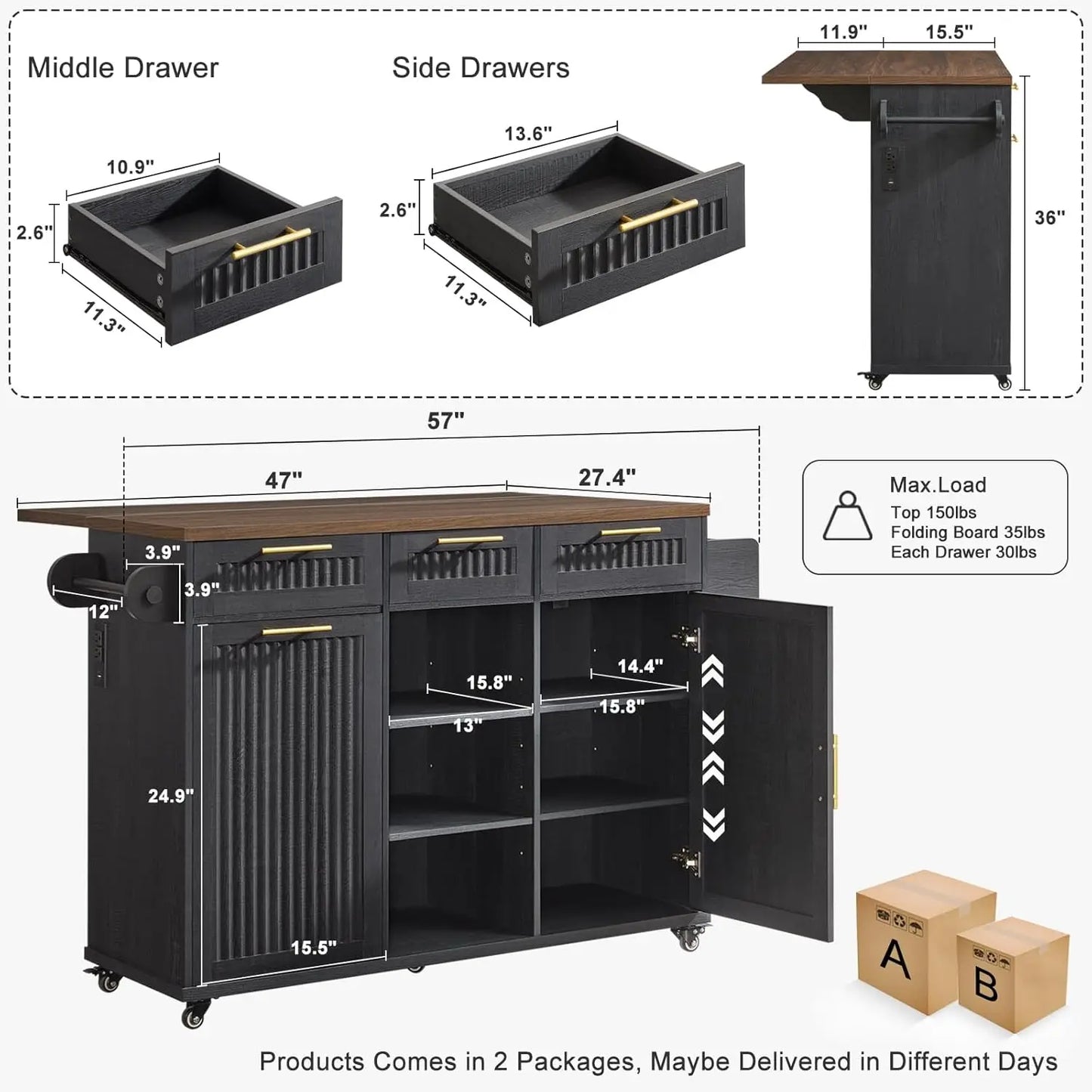 57" Kitchen Island with Storage — Kitchen Rolling Island with Trash Can Storage Cabinet, Power Outlet & Drop Leaf,, Customized