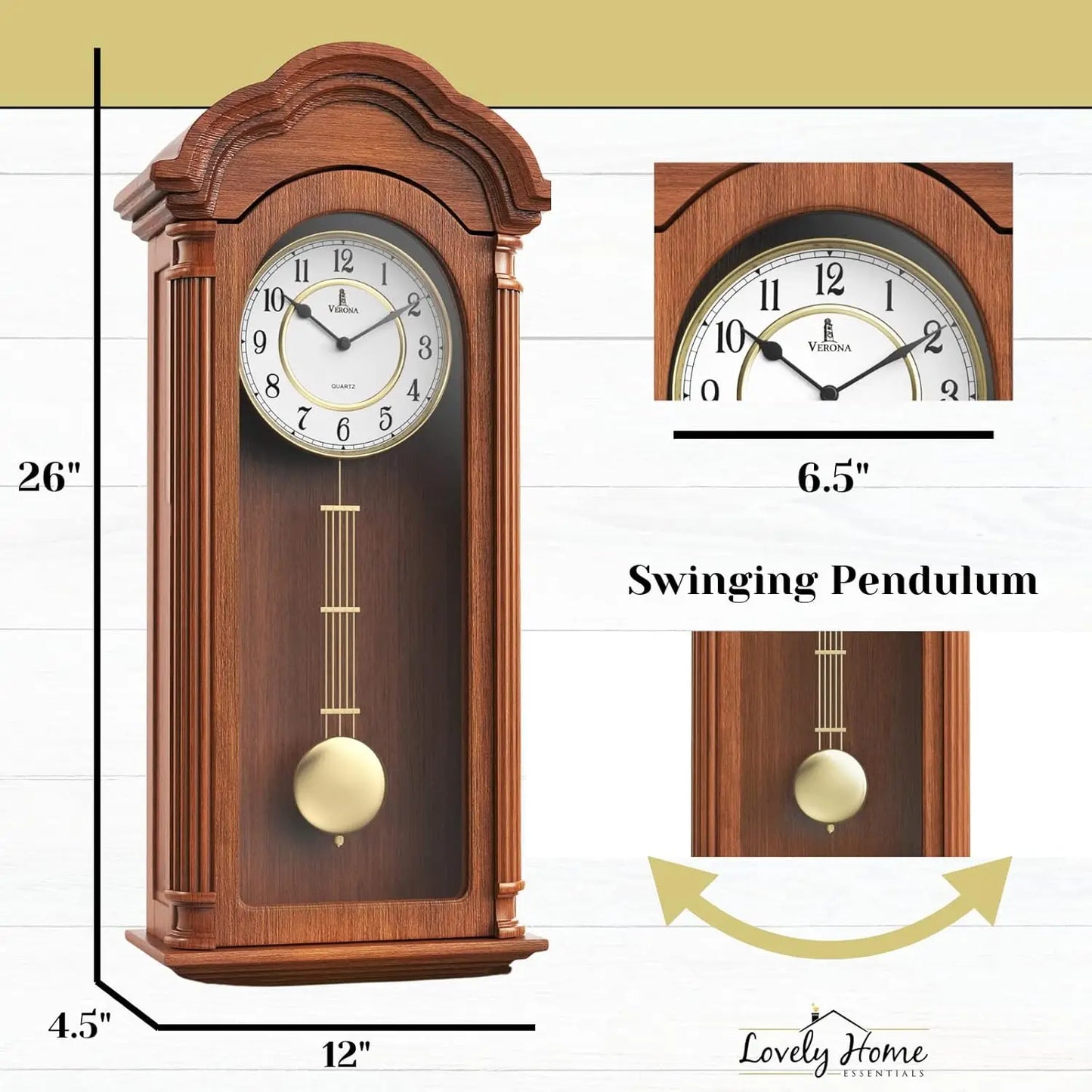 Battery Operated Large Wooden Grandfather Wall Clock Pendulum Quiet Real Wood Home Decor