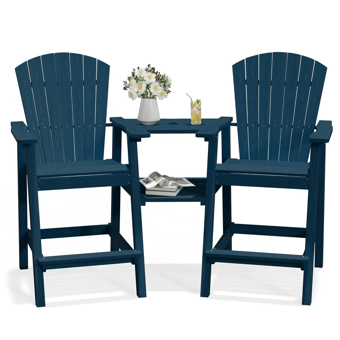 Tall Adirondack Chair Set HDPE All Weather Bar Height Double Connecting Tray Umbrella Hole Balcony Patio Backyard Navy, Custom