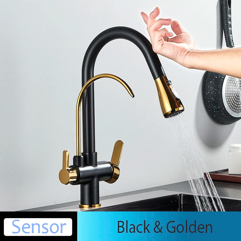 Onyzpily Black Touch/NO Sensor Kitchen Faucet Pull Out Sink Faucets Hot Cold Mixer Pure Water Tap Deck Mounted Taps Dual Handle