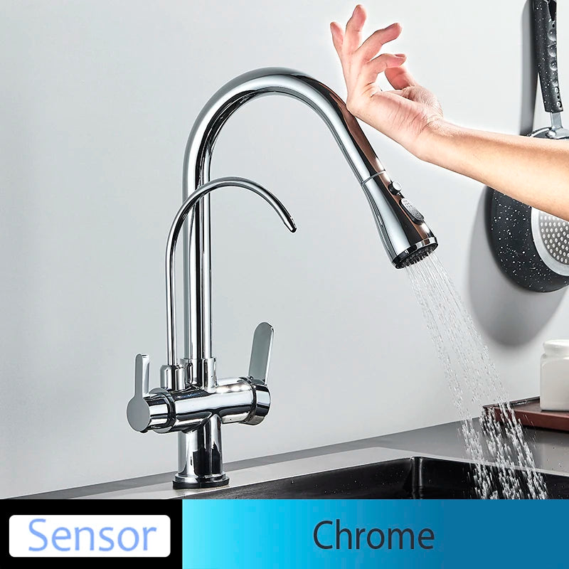Onyzpily Black Touch/NO Sensor Kitchen Faucet Pull Out Sink Faucets Hot Cold Mixer Pure Water Tap Deck Mounted Taps Dual Handle