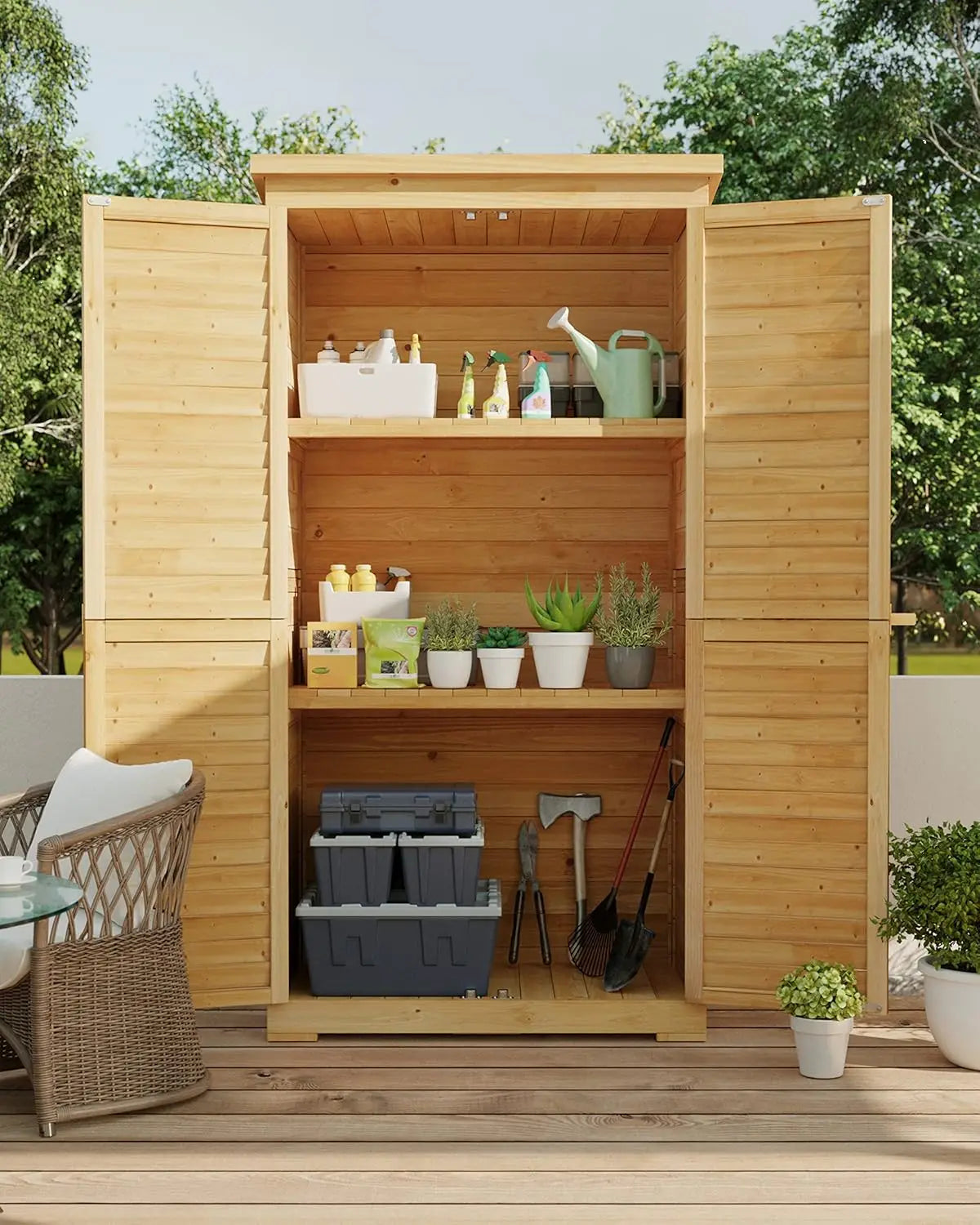Outdoor Tall Wooden Storage Cabinet with 3 Shelves & Double Lock & Waterproof Roof for Yard Patio Lawn, Custom
