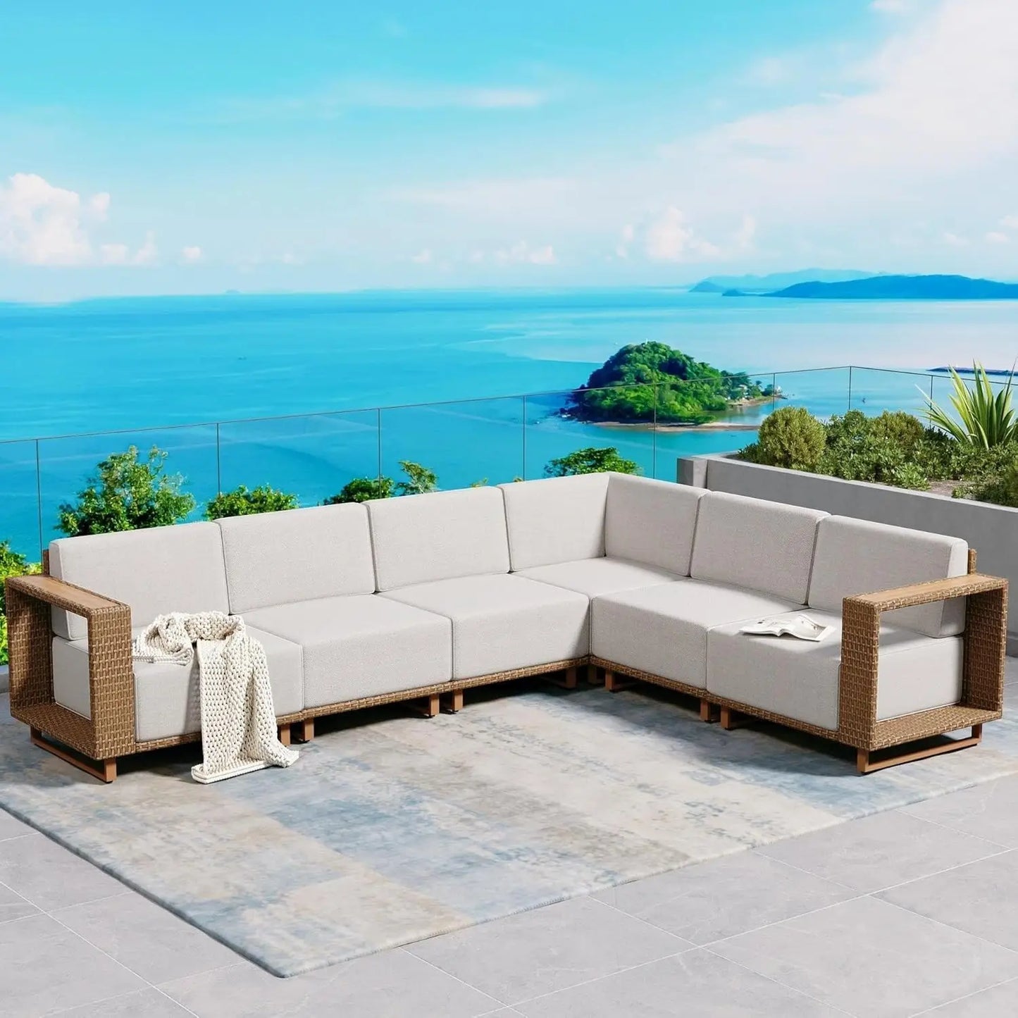 L Shaped Patio Furniture,Outdoor Rattan Wicker Sectional Sofa with 10''Ultra-Thick Cushions,All Weather Patio, Customized