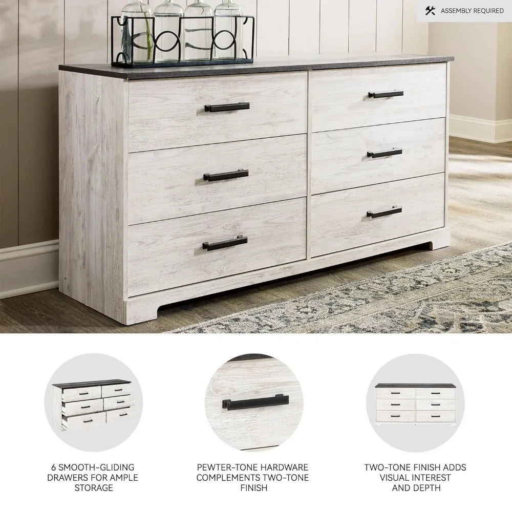 6 Drawer Double Dresser Wood Chest Storage Bedroom Furniture Whitewash Finish, Custom