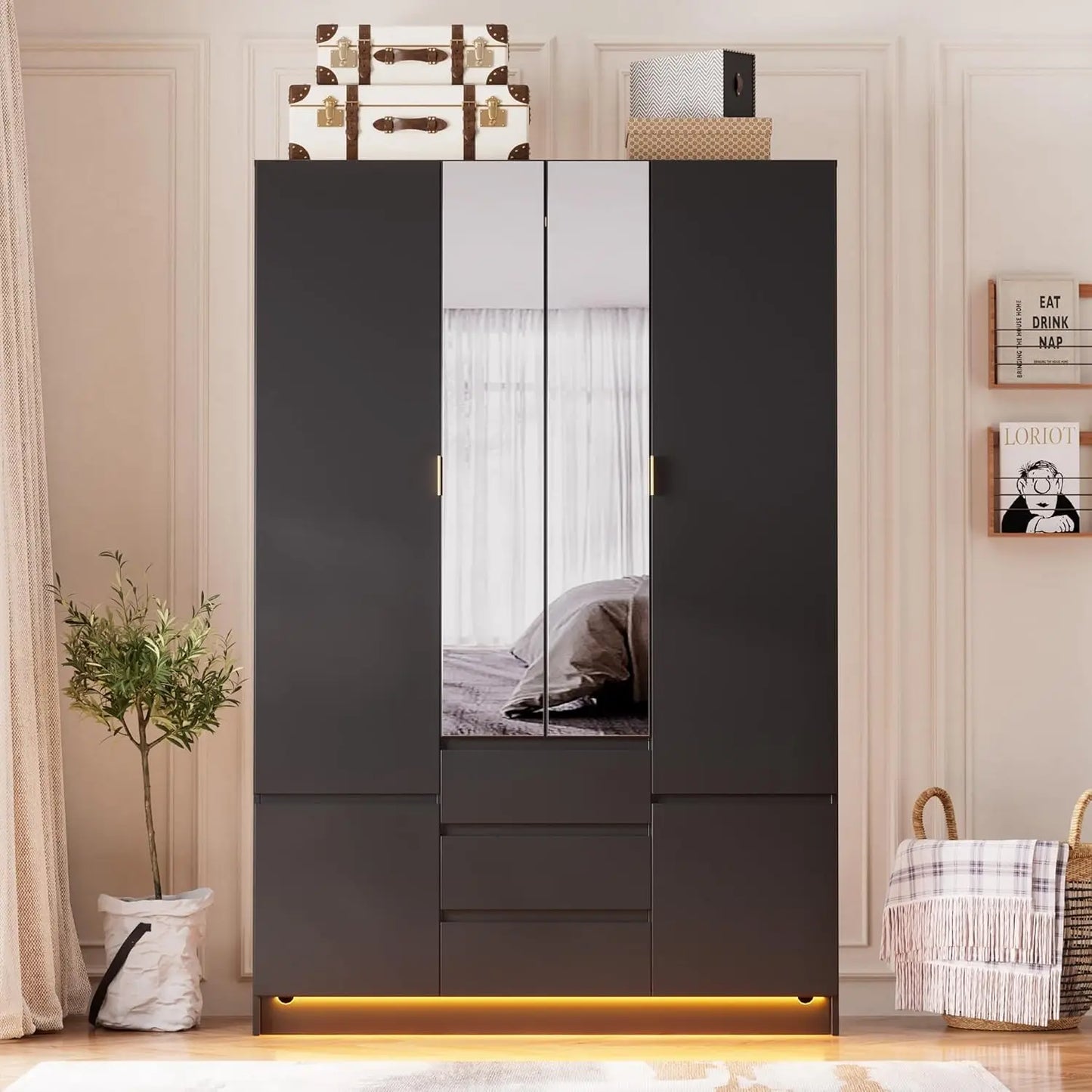 Wardrobe Closet with Led Light & Mirror, Bedroom Large Capacity Freestanding Armoire Wardrobe with Draw