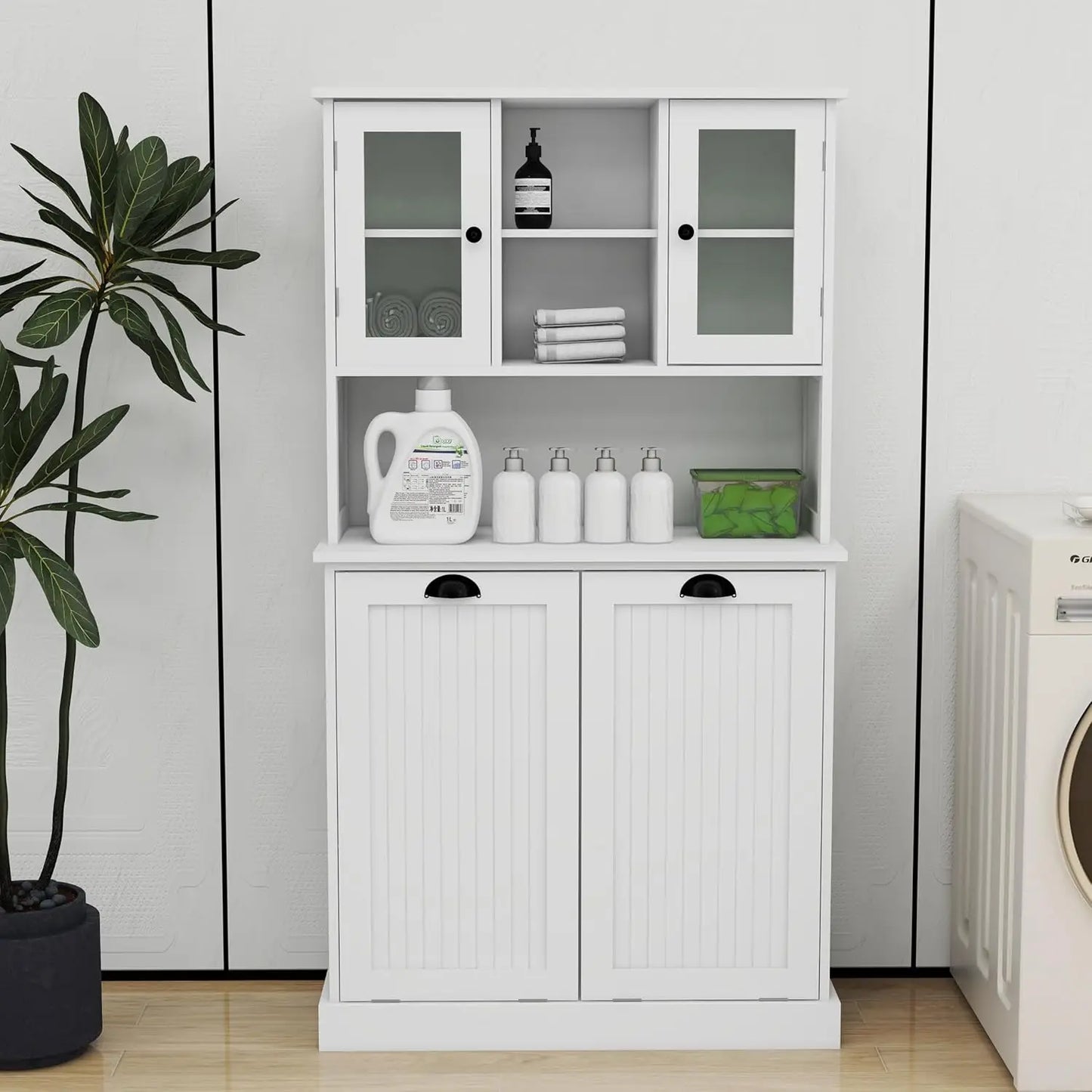 Tilt-Out Double Hamper Laundry Cabinet Pull-Out Storage Bathroom Hidden Glass Doors White 26Gal Customized