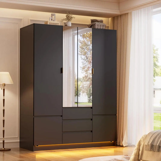 Wardrobe Closet with Led Light & Mirror, Bedroom Large Capacity Freestanding Armoire Wardrobe with Draw