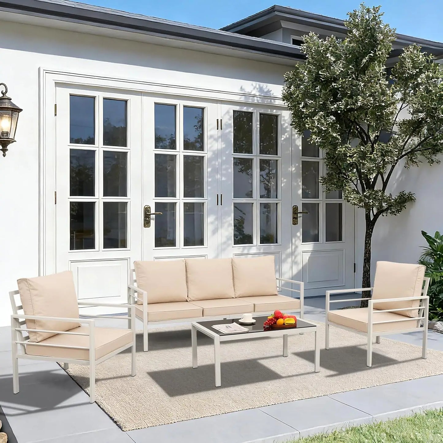 4-Piece Patio Furniture Set White Outdoor Metal Frame Sofa with High Backrest Seating Glass Coffee Table All-weather, Custom