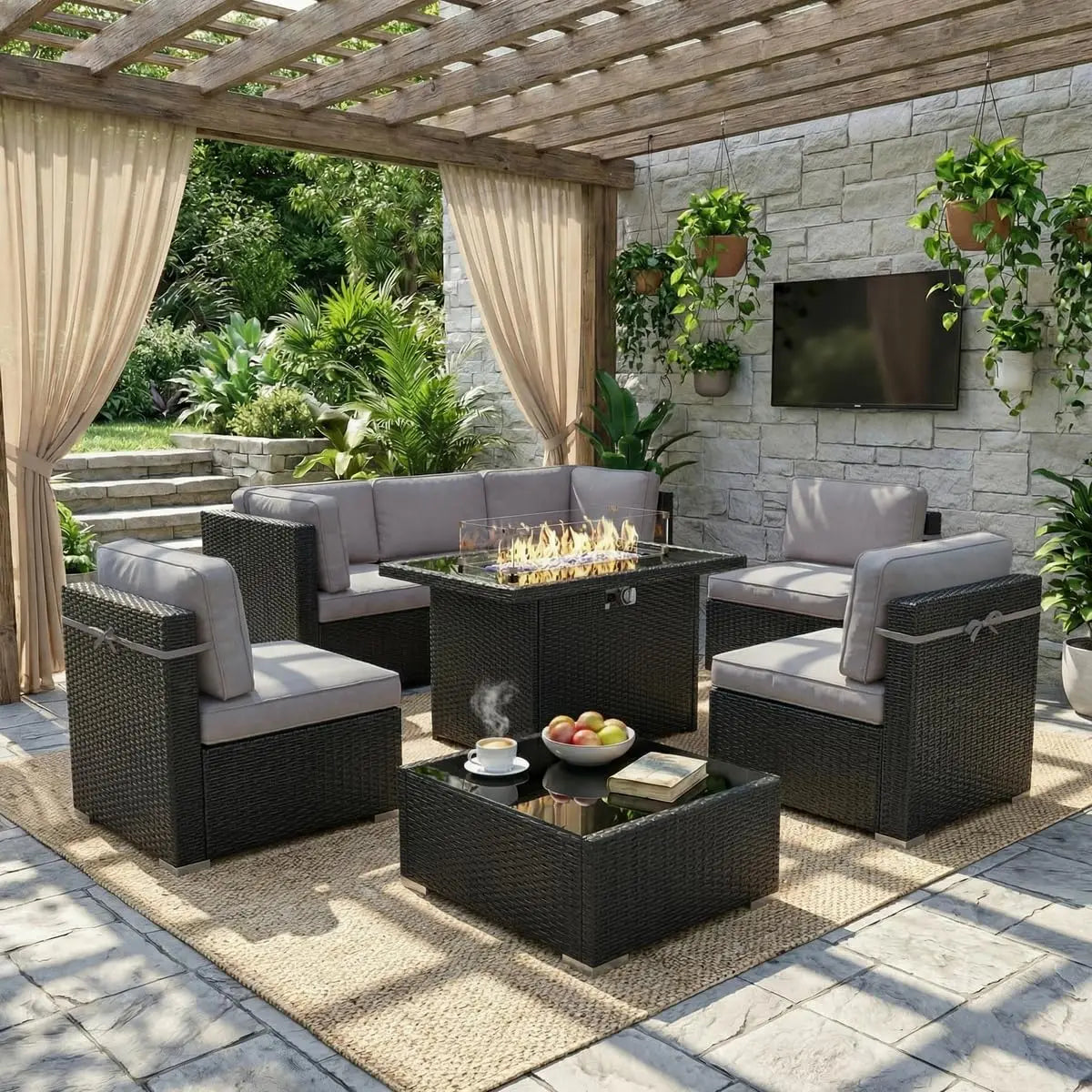 8 Piece Patio Furniture Set with Fire Pit Table, Outdoor Conversation Sets Wicker Rattan Sectional Sofa with Coffee, Custom