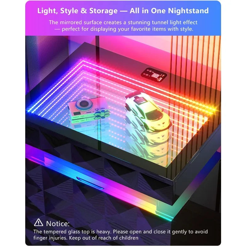 Dystler Night Stand with Charging Station and RGB Lights, LED Nightstand Tempered Glass and Sliding Top, 3 Drawers Bedside Table