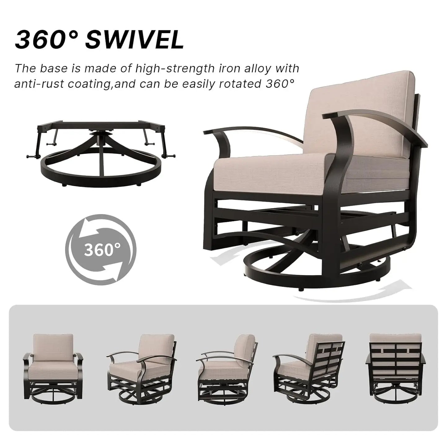 Metal Patio Swivel Chair Set 2pc High-Resilience Cushions Removable Back Pillow Backyard Lawn Porch Custom