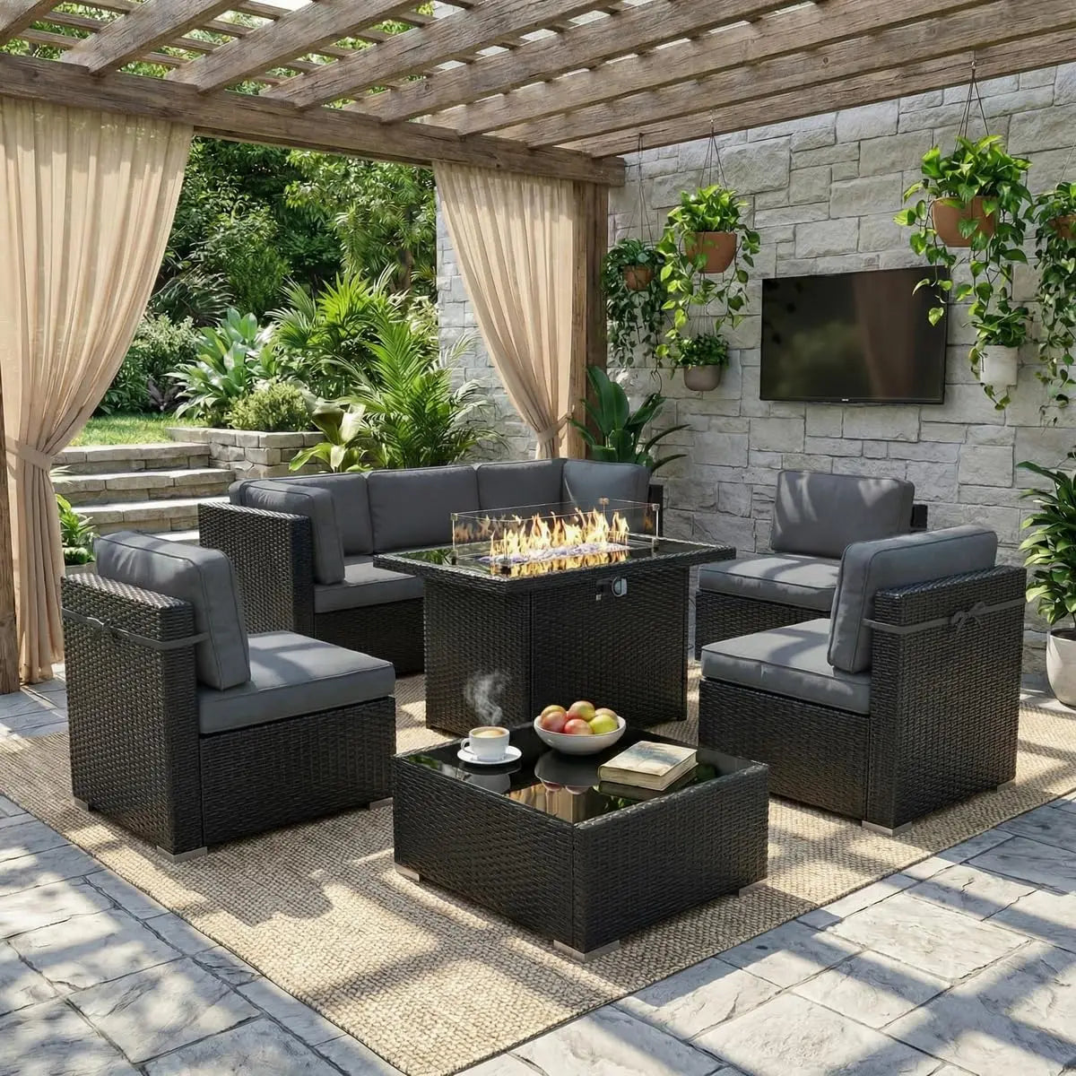 8 Piece Patio Furniture Set with Fire Pit Table, Outdoor Conversation Sets Wicker Rattan Sectional Sofa with Coffee, Custom